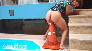 Latin Girl Mounts Enormous Road Cone in Her Rear-End