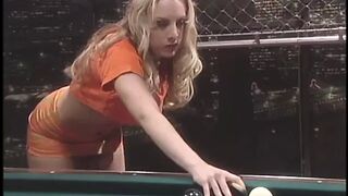 Busty blonde gets her butthole fingered and a pool stick shoved in