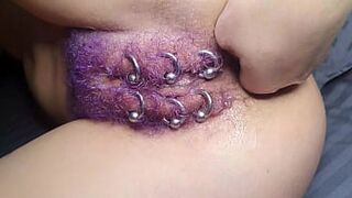 Purple Colored Hairy Pierced Twat Get Butt-Sex Fisting Squirt