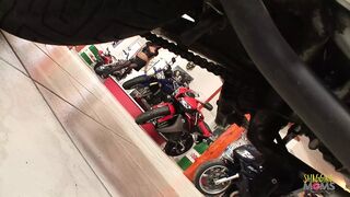 Group sex happens in a bike store when 2 busty babes want