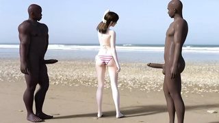 White lady gets blacked on the beach by two bbc studs