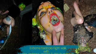 Extreme hard core night walk with piss, enema, prolapse and nasty humiliation