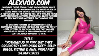 Hotkinkyjo in pink suit take Organotoy long dildo deep, belly bulge, fisting & ass sex prolapse