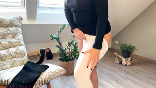Alluring Lady Wearing White Leggings, African Suede Overknee Boots and Latex Gloves for Spreading Butt Sex - Projectfundiary