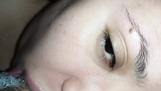 CLOSE UP horny wild face blowing dong while looking at the web camera